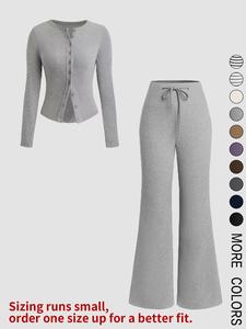 2 Piece Solid Color Long Sleeve Top and Wide Drawstring Micro Flare Pants Set, Stylish Women's Casual for Every Occasion