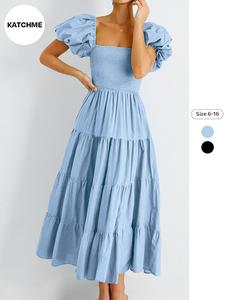 Women's Plain Shirred Tiered Layer Ruffle Hem Dress, Square Neck Puff Sleeve Long A Line Dress for Party Holiday Wedding Guest, Women's Summer Clothes, Summer Dresses, Womenswear