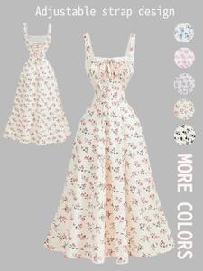 Women's Lace Trim Square Neck Lace Front Back Bow Ditsy Floral Dress, Party Dress, Brunch Dress, Vacation Dress, Beach Holiday Wear