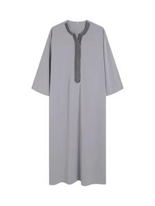 Men's Regular Fit Contrast Embroidering Notched Neck Abaya Kaftan, Autumn Outfits, Chic Modest Long Sleeve Arabic Thobe Long Robe for Daily Wear, Mens Muslim Islamic Pakistani Clothes, Authentic Saudi Thobe