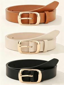 3pcs Women Fashion Trendy Exquisite Belt Minimalist Rectangle Buckle Belts, Versatile for Casual Dresses, Jeans