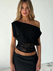 Elegant Lace Ruched Crop Top, Summer Street Style Women's T-Shirt, Long Sleeve Plain Design, Versatile Basic Tee