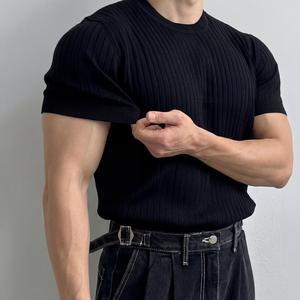 Men's Solid Color Striped Trim Round Neck Tee,Regular Fit Casual Short Sleeve Crew Neck T-shirtfor Summer, Fashion Men's Top for Daily Wear, Unisex Knitted Knitwear Menswear Shortsleeve Shortsleeve Menswear
