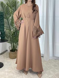 Arabic Clothing-Contrast Lace Long Bell Sleeve Loose Maxi Arabian Dress with Belt, Summer Outfits 2024, Elegant Kaftan Muslim Dress, Islamic Clothes Caftan for Women, Belted Sleeve Dress, Modest Style Dress, Classy Modest Dresses, Long Sleeve Dresses