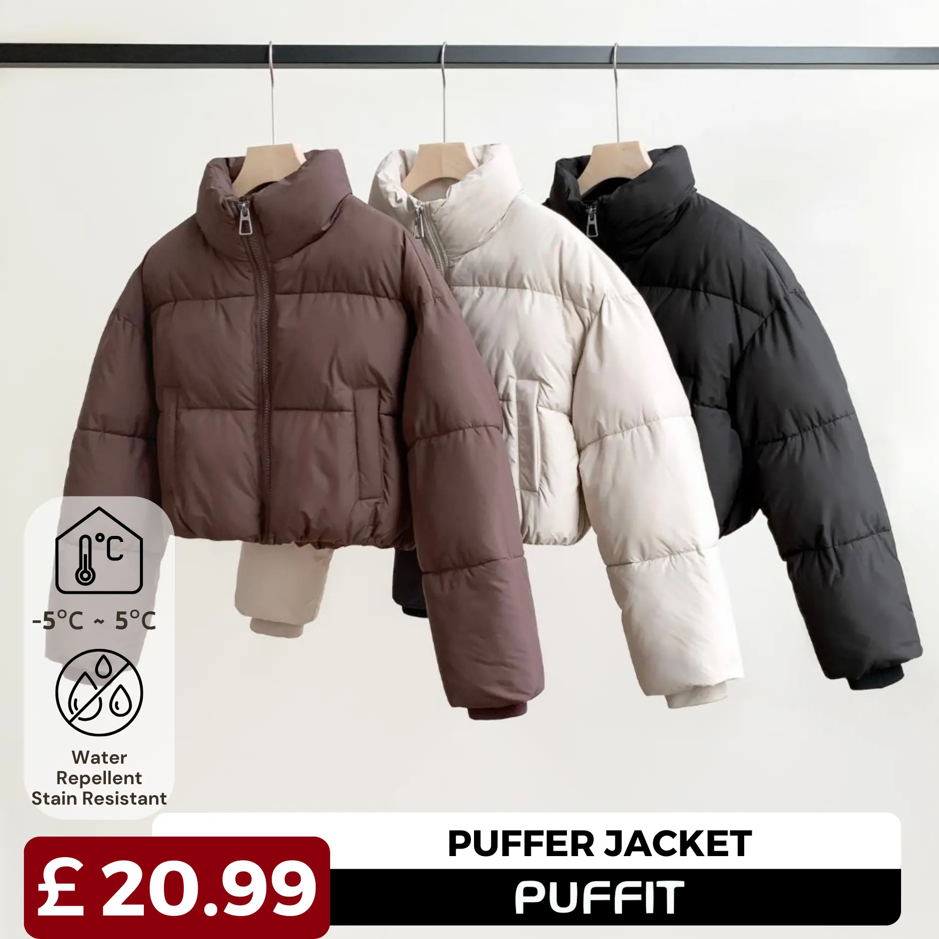[Clearance] PUFFIT Womenswear Stand-up Collar Cropped Puffer Comfort Jacket,Ladies Long Sleeve Quilted Jacket with Pockets,Short Outwear Coat