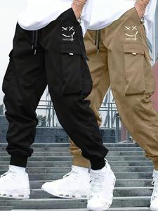 Men's Letter & Cartoon Face Print Drawstring Waist Cargo Pants, Loose Casual Street Pocket Trousers for Daily Wear, Men's Bottoms for All Seasons