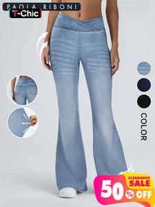 High Elasticity Cross Waist Flare Fit Solid Jeans Pants, Women's Casual Denim Trousers, Comfortable and Stylish, Perfect for Daily Wear