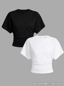 Women's Summer Two-Piece Knit Set, Y2K Basic Casual Street Style, Elastic Loose Ruched Short Round Neck T-Shirt, All Seasons Fashion