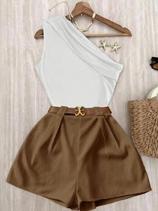 Minimalist Off-Shoulder Sleeveless Top + High-Waisted Wide-Leg Shorts Set, Solid Color Waist-Cinch Slimming Two-Piece, Summer Casual Streetwear