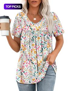 Women's Summer New Plus Size V-Neck Short Sleeve Loose Fit Printed T-Shirt, Casual Comfortable Vacation Wear, Fashion Top