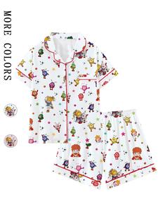 Rainbow Girl Cartoon Retro Cute Collared Short Sleeve Pajama Set, Comfortable Cartoon Print Sleepwear for Home and Outdoors, Perfect Gift