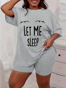 【Plus Size】 Letter Print Tee & Shorts Pyjama Set, Casual Comfy Short Sleeve T-shirt & Shorts PJ Set, Women's Sleepwear for Summer