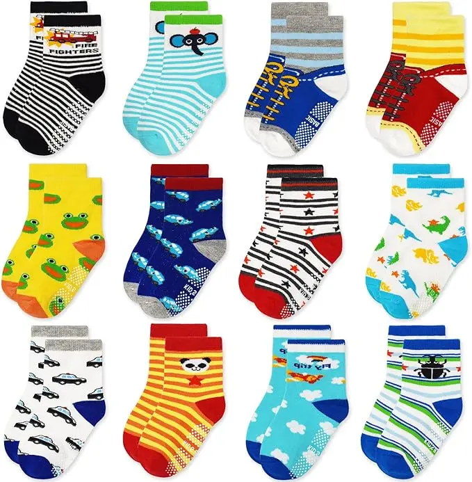Toddler Non Slip Socks - 12 Pairs Kids Anti Skid Grip Cute Crew Cartoon Socks for 1-7 Years Boys Girls