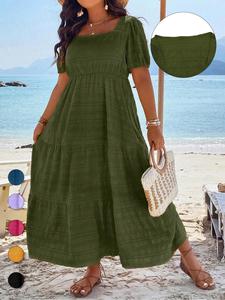 Plus Size Textured Ruched A Line Dress, Boho Puff Sleeve Square Neck Dress, Summer Outfits 2024 Women, Holiday Outfits, Women's Clothes for Daily Wear