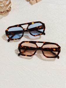 Vintage Tortoiseshell Pattern Tinted Lens Sunglasses, Geometric Frame Casual Sunglasses for Everyday Use, Fashion Sunglasses for Outdoor Activities, Sunglasses Set, Trendy Vintage Sunglasses