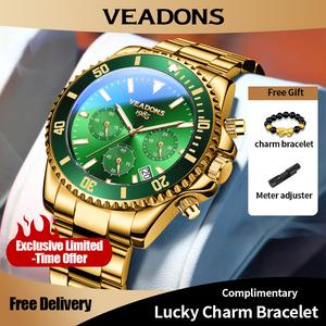 VEADONS Men's Luxury Gold Green Chrono Watch, Waterproof Sport Diver Wristwatch with Date, Luminous Hands, Ceramic Bezel, Stainless Steel Band, Perfect Business & Casual Look