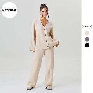 Katch Me Look Women's Slouchy Solid Color V-Neck Button-Up Long Sleeve Cardigan & Stretch Loose Trousers Co-ord, Minimalist Two Piece Outfits, Cozy Womenswear