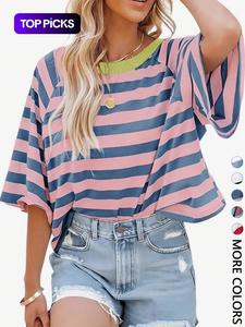 1 Piece Casual Minimalist Striped Pattern Round Neck Short Sleeve Loose Women's T-Shirt, Suitable For Summer, Oversized T Shirt