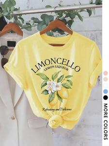 Women's Lemon & Letter Print Round Neck Tee, Trendy Casual Crew Neck Short Sleeve T-Shirt for Daily Wear, Ladies All Seasons Outfit, Top