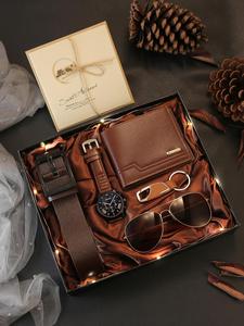 Men's Business Fashion Watch & Wallet & Sunglasses & Keychain & Cufflinks & Tie Clip Set, Casual Trendy Watch Set, with Box, Birthday Gift for Men