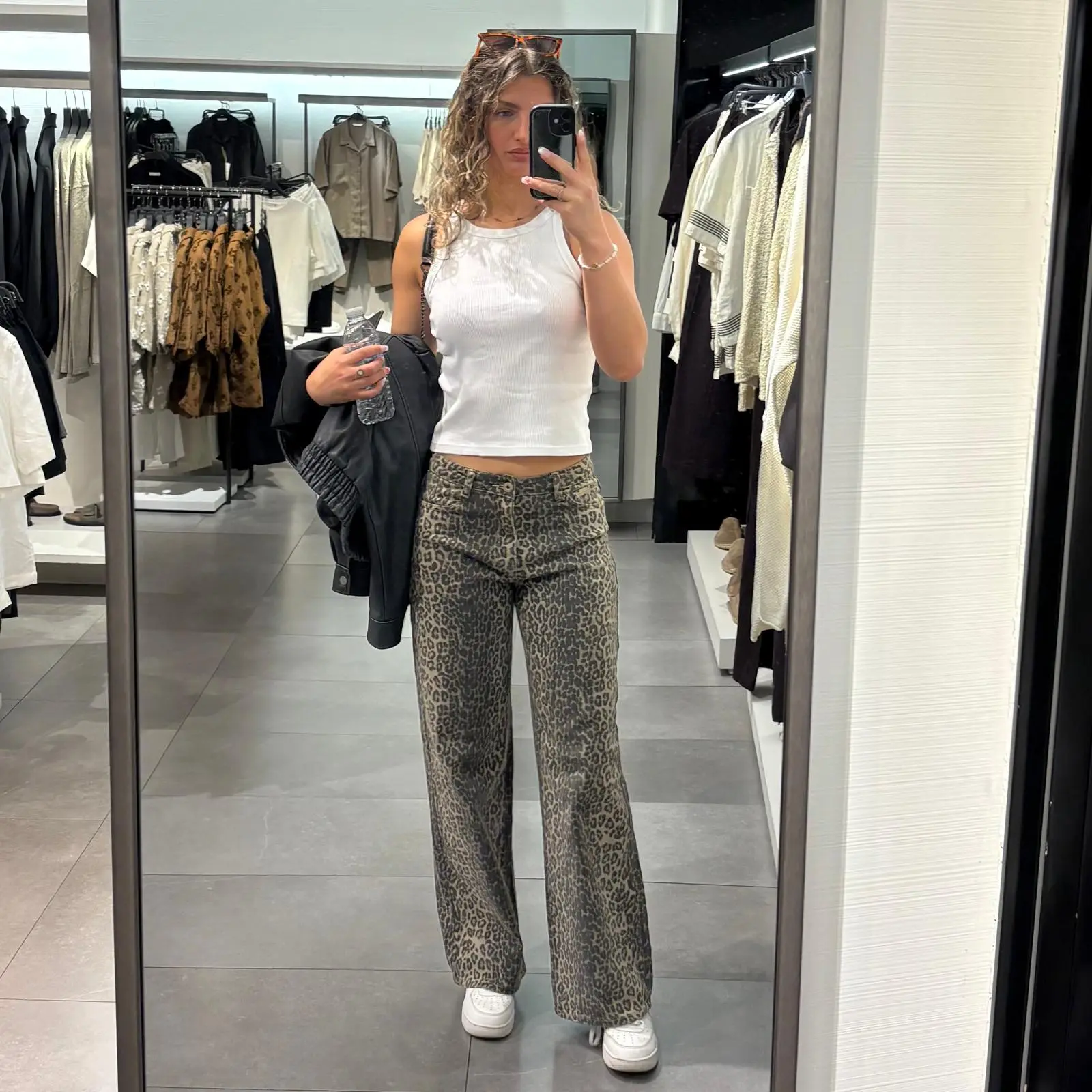 [HouseOfTrendz] Leopard Print Viral Stretchy Wide Leg Jeans - Denim, Cheetah Pattern, High Waisted, Baggy Jeans, Comfortable, Womens Casual Cotton Fabric