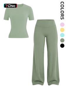 Women's Sporty Two-Piece Set, High Stretch Sporty, High-Elastic Round Neck Short Sleeve, High-Waisted Tummy Control Pants, Soft Breathable Yoga Gym, Sweatsuit Set