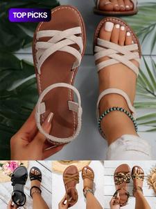 Women's Fashionable Criss Cross Strap Design Sandals, Casual Open Toe Flat Sandals for Beach, Non-slip Sandals for Daily Wear