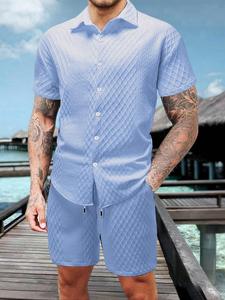 Two-piece Set Men's Solid Button Top & Shorts, Regular Fit Casual Short Sleeve Top & Shorts, Men's Summer Clothes, Shortsleeve Menswear, Beach Shorts