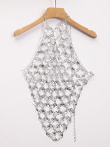 Women's Rhinestone Decor Halter Cami Top, Fashion Hollow Out Backless Cami Top For Party Holiday Vacation, Ladies Clothes For All Seasons, Summer Clothes
