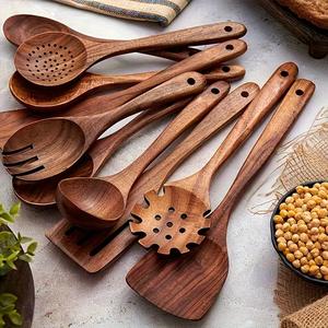 10pcs/set Natural Wood Kitchen Utensil Set with Ergonomic Handles, Heat-Resistant Spoons, Pans and Spatulas, Ideal for Induction Cookers
