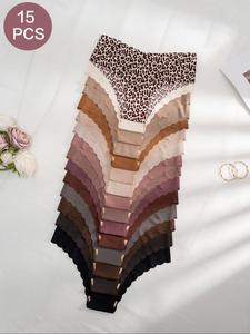 15/21pcs Women's Solid Or Leopard Print Scallop Trim Knickers, Casual Soft Comfy Breathable Seamless Panty for Daily Wear, Pastel Thongs, Summer Outfits 2024, Ladies Underwear for Fall