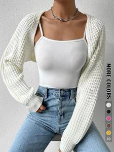 Women's Solid Raglan Sleeve Crop Cardigan without Camisole, Casual Night Long Sleeve Knitwear for Spring & Fall, Women's Clothing for Daily Wear, Fall Outfits 2024