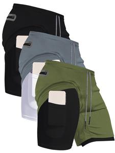 Men's 3pcs 2 in 1 Drawstring Waist Track Shorts, Regular Fit Casual Sports Shorts Pocket Elastic Waist Shorts for Gym Workout Running, Breathable Men's Bottoms for Summer, Lightweight Breathable Shorts, Lightweight Athletic Shorts, Fitness Shorts