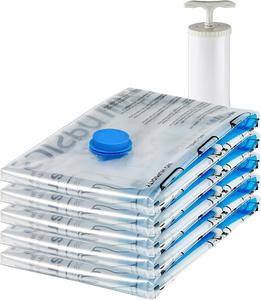 Basics Vacuum Compression Zipper Storage Bags with Airtight Valve and Hand Pump, Large, 5-Pack, Clear