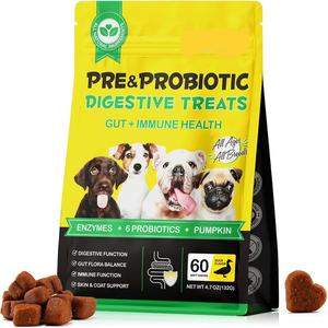 Probiotics for Dogs, 60 Soft Chews with Prebiotics, Pumpkin & Flaxseed | Supports Normal Gut Flora, Digestive Function, Skin & Coat Condition, and Everyday Wellbeing | Duck Flavour