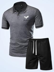 Two-Piece Set Men's Outfits, Short Sleeve Polo Shirt & Drawstring Pocket Shorts Set, Men's Summer Clothes, Eagle Printed Top & Elastic Waist Shorts Set for Summer, Trendy Casual Men's Clothing Clothes Set