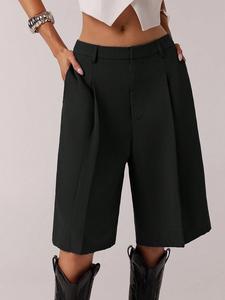 Women's Solid Color Simple Fitted Commuter Bermuda Shorts, All Seasons Business Casual Long Pants, Stylish and Comfortable