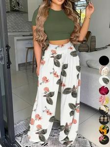 Women's Plain Crop Tee & Plicated Wide Leg Pants Suits Co-ord Set Summer, Summer Clothes Women, Elegant Style Comfort Round Neck Shortsleeve Top & High Waist Trousers, Holiday Outfits, Casual Summer Sets for Lady Outdoor Holiday Vacation, Womenswear