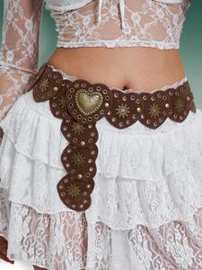 Women's Vintage Ethnic Pattern Heart Rivet Decor Western Adjustable Waist Belt, Trendy Stylish Belts, Boho Style Waistband for Jeans & Short Skirt, Fashion Buckles Pu Leather Belt for Party, Daily Clothing Decor, Exquisite Belt