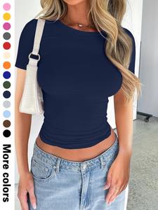 Women's Plain Round Neck Tee, Casual Short Sleeve Crew Neck T-Shirt for Summer, Fashion Women's Top for Daily Wear