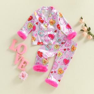 Kids Toddler 2Pcs Valentine's Pajamas Sets for Toddler Girl Long Sleeve Lapel V Neck Heart Print Tops Elastic Waist Pants Nightwear Sleepwear