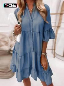 Women's Denim-effect Print Ruffle Trim V Neck Dress, Casual Short Sleeve Dress for Summer, Fashion Women's Clothes for Daily Wear
