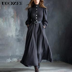 UOOZEE Women's Autumn Winter Knitting A-line Pockets Dress New Long Sleeves Black Waistband Half Turtleneck Ladies Maxi Dresses with Belt Versatile for Fall Brunch, Weekend Getaways & Casual Evening Gatherings