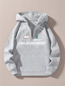 Men's Regular Fit Letter Print Half Zip Up Hoodie, Casual Streetwear Drop Shoulder Long Sleeve Hooded Sweatshirt for Fall & Winter, Fashion Men's Clothes for Daily Wear, Oversized Menswear, Baggy Tops, Longsleeves, Loose Fitting Hoodie