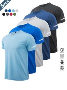 Men's Reflective Logo Print Round Neck Sports Tee, Breathable Quick Drying Crew Neck T-shirt, Casual Short Sleeve Top for Gym Workout Running