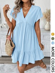 Women's Casual Loose Short Dress, V Neck Short Sleeve Ruffle Cotton Sundress, Comfortable Summer, Trendy Chic Ladies Fashion