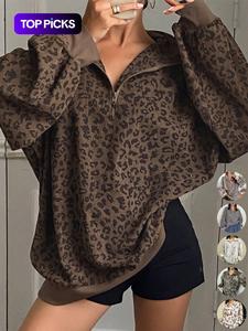 Women Casual Zip Up Front Long Sleeve Leopard Print Sweatshirt,Fall Clothes
