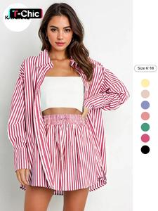 Two-Piece Set Women's Striped Print Two Piece Set, Summer Outfits 2024, Casual Drop Shoulder Shirt & Drawstring Wide Leg Shorts Summer Sets, Co-ords for Women, Ladies Summer Matching Sets Going Out Clothes, Co-ord Set Outfits, Women's Clothing