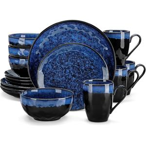 vancasso 12/16/24 Pieces Blue Dinnerware Set, Reactive Glaze Dish Set, Stoneware Plates and Bowls Set Ceramic Plates, Bowls, and Mugs for 4/6, Microwave & Dishwasher Safe