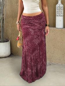 Women Boho Paisley Maxi Skirt High Waist Ruched Slim Fit Vintage Printed Long Skirt Flowing Stretch Soft Fabric Breathable Lightweight Casual Vacation Beach Holiday Party Date Daily Wear Chic Y2K Streetwear Fashion Essential